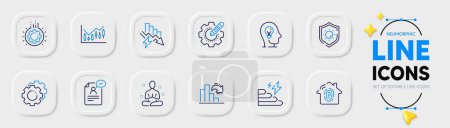 Illustration for Financial diagram, Gear and Mental health line icons for web app. Pack of Decreasing graph, Fingerprint access, Sun protection pictogram icons. Saving electricity, Resume document. Vector - Royalty Free Image