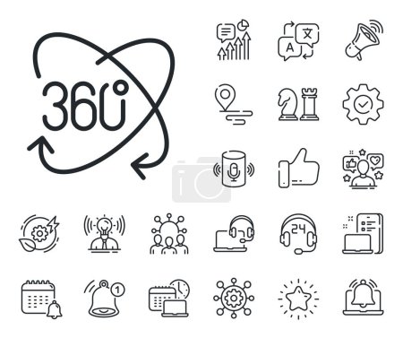 Illustration for Full rotation sign. Place location, technology and smart speaker outline icons. 360 degree line icon. VR technology simulation symbol. Full rotation line sign. Vector - Royalty Free Image