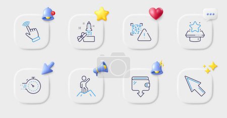 Illustration for Innovation, Qr code and Cursor line icons. Buttons with 3d bell, chat speech, cursor. Pack of Winner podium, Mouse cursor, Leadership icon. Timer, Wallet pictogram. For web app, printing. Vector - Royalty Free Image