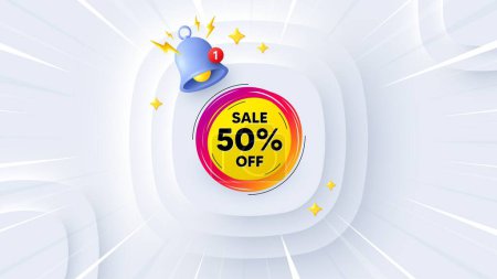 Illustration for Sale 50 percent off banner. Neumorphic offer 3d banner, poster. Discount sticker shape. Coupon star icon. Sale 50 percent promo event background. Sunburst banner, flyer or coupon. Vector - Royalty Free Image