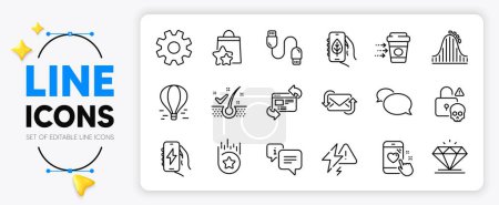 Illustration for Roller coaster, Loyalty points and Cyber attack line icons set for app include Diamond, Messenger, Ecology app outline thin icon. Charging cable, Heart rating, Lightning bolt pictogram icon. Vector - Royalty Free Image