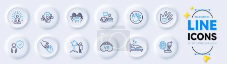 Illustration for Teamwork, Hold box and Yoga line icons for web app. Pack of Helping hand, Security, Social responsibility pictogram icons. Vr, Court judge, Sleep signs. Do not touch. Neumorphic buttons. Vector - Royalty Free Image