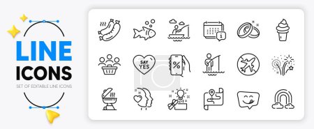 Illustration for Calendar, Rainbow and Discounts app line icons set for app include Boat fishing, Airplane mode, Grilled sausage outline thin icon. Say yes, Creative idea, Buyers pictogram icon. Vector - Royalty Free Image