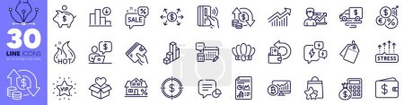 Illustration for Sale tags, Discounts bubble and Bitcoin chart line icons pack. Cash transit, Demand curve, Report document web icon. Statistic, Finance calculator, Cash back pictogram. Stress grows. Vector - Royalty Free Image
