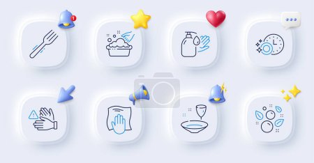Illustration for Fork, Clean bubbles and Dishwasher timer line icons. Buttons with 3d bell, chat speech, cursor. Pack of Plate, Hand washing, Dont touch icon. Wash hands, Washing cloth pictogram. Vector - Royalty Free Image
