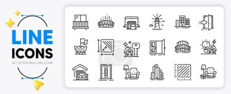 Illustration for Packing things, Sports stadium and Buildings line icons set for app include Armchair, Arena stadium, Entrance outline thin icon. Building energy, Square area, Lighthouse pictogram icon. Vector - Royalty Free Image
