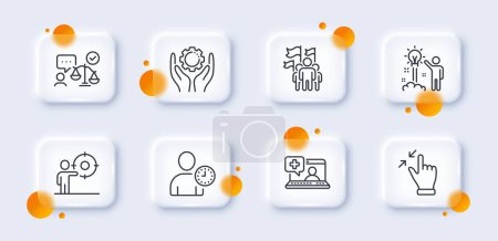 Illustration for Business target, Touchscreen gesture and Medical help line icons pack. 3d glass buttons with blurred circles. Lawyer, Leadership, Employee hand web icon. Vector - Royalty Free Image