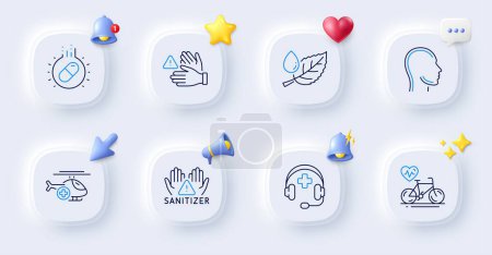 Illustration for Capsule pill, Head and Cardio bike line icons. Buttons with 3d bell, chat speech, cursor. Pack of Leaf dew, Clean hands, Dont touch icon. Medical helicopter, Medical support pictogram. Vector - Royalty Free Image
