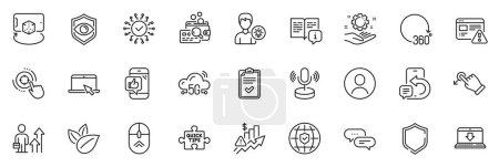 Illustration for Icons pack as 5g cloud, Security network and Person idea line icons for app include Dots message, Phone message, Organic product outline thin icon web set. Shield, Portable computer. Vector - Royalty Free Image