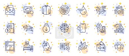 Illustration for Outline set of Money, Realtor and Search flight line icons for web app. Include Inflation, Hydroelectricity, Shirt pictogram icons. Recovery cloud, Rise price, Reject book signs. Star. Vector - Royalty Free Image