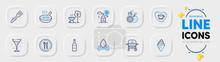 Illustration for Gas grill, Orange juice and Ice cream line icons for web app. Pack of Water splash, Food, Grill pan pictogram icons. Alcohol addiction, Love coffee, Cocktail signs. Wine, Fork. Barbecue cooker. Vector - Royalty Free Image