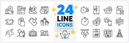 Illustration for Icons set of Paper wallpaper, Refrigerator and Espresso line icons pack for app with Charging station, Ceiling lamp, Card thin outline icon. Credit card, Qr code, Return package pictogram. Vector - Royalty Free Image