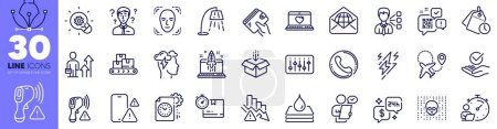 Illustration for Third party, Waterproof and Approved line icons pack. Cardboard box, Web love, Electronic thermometer web icon. Call center, Airplane, Web mail pictogram. Support consultant, Consulting. Vector - Royalty Free Image