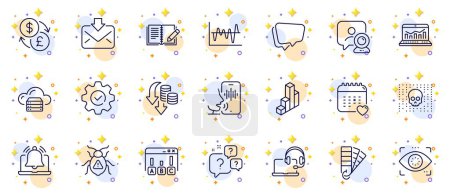Illustration for Outline set of Execute, Cyber attack and Voicemail line icons for web app. Include Web analytics, Speech bubble, Incoming mail pictogram icons. Deflation, Question bubbles, Reminder signs. Vector - Royalty Free Image