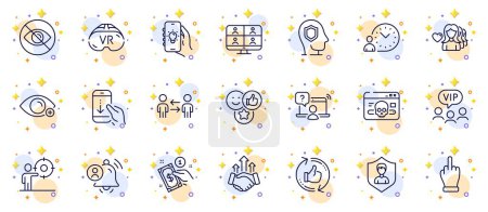 Illustration for Outline set of Payment method, User notification and Vr line icons for web app. Include Cyber attack, Electric app, Teamwork business pictogram icons. Middle finger, Security agency. Vector - Royalty Free Image