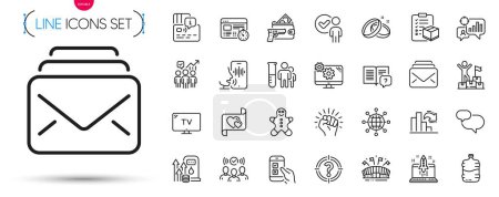 Illustration for Pack of Cooler bottle, Medical analyzes and Chat message line icons. Include Business statistics, Instruction manual, Wedding rings pictogram icons. Tv, Start business, Seo statistics signs. Vector - Royalty Free Image