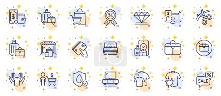 Illustration for Outline set of Clean t-shirt, Carry-on baggage and Buyer line icons for web app. Include Bed, Wallet, Hold t-shirt pictogram icons. Scissors, Baggage cart, Diamond signs. Tv stand. Vector - Royalty Free Image