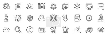 Illustration for Icons pack as Bitcoin system, Reminder and Inspect line icons for app include Doctor, Cogwheel blueprint, Wallet outline thin icon web set. Architect plan, Power certificate, Nurse pictogram. Vector - Royalty Free Image