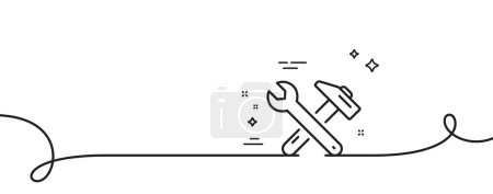 Illustration for Spanner and hammer line icon. Continuous one line with curl. Repair service sign. Fix instruments symbol. Spanner tool single outline ribbon. Loop curve pattern. Vector - Royalty Free Image