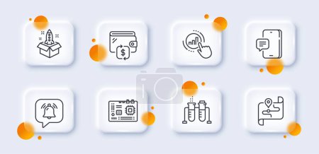 Illustration for Graph chart, Map and Startup line icons pack. 3d glass buttons with blurred circles. Notification bubble, Chemistry beaker, Phone message web icon. Wallet, Motherboard pictogram. Vector - Royalty Free Image