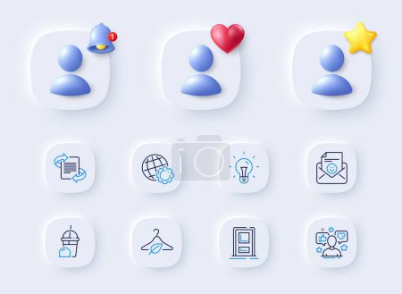 Illustration for Influence, Idea and Smile line icons. Placeholder with 3d bell, star, heart. Pack of Entrance, Globe, Ice cream milkshake icon. Marketing, Slow fashion pictogram. For web app, printing. Vector - Royalty Free Image