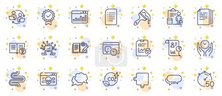 Illustration for Outline set of Timer, Teamwork and Report line icons for web app. Include Co2 gas, Document, Certificate pictogram icons. Report checklist, Engineering documentation, Teamwork process signs. Vector - Royalty Free Image