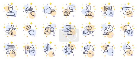 Illustration for Outline set of Smile face, Yoga and Health eye line icons for web app. Include Working hours, Difficult stress, Cursor pictogram icons. Headshot, Businessman run, Like signs. Copyrighter. Vector - Royalty Free Image
