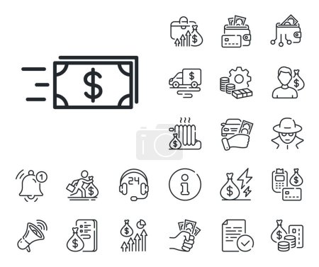 Illustration for Banking currency sign. Cash money, loan and mortgage outline icons. Transfer Cash money line icon. Dollar or USD symbol. Money transfer line sign. Credit card, crypto wallet icon. Vector - Royalty Free Image