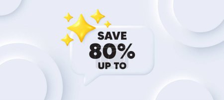 Illustration for Save up to 80 percent tag. Neumorphic background with chat speech bubble. Discount Sale offer price sign. Special offer symbol. Discount speech message. Banner with 3d stars. Vector - Royalty Free Image