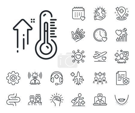 Illustration for Temperature diagnostic sign. Online doctor, patient and medicine outline icons. High thermometer line icon. Fever measuring symbol. High thermometer line sign. Vector - Royalty Free Image