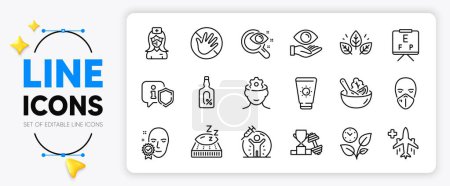 Illustration for Salad, Leaves and Vaccine protection line icons set for app include Alcohol free, Sunscreen, Vision test outline thin icon. Face verified, Vision board, Health eye pictogram icon. Vector - Royalty Free Image