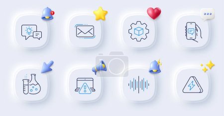Illustration for Product development, Chat app and Lightning bolt line icons. Buttons with 3d bell, chat speech, cursor. Pack of Sound wave, Chemistry flask, Idea lamp icon. Vector - Royalty Free Image