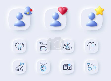 Illustration for Heart, Fishing float and T-shirt line icons. Placeholder with 3d bell, star, heart. Pack of Car charge, Leadership, Engineering documentation icon. Ranking star, Best rank pictogram. Vector - Royalty Free Image