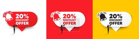Illustration for 20 percent discount tag. Speech bubbles with bell and woman silhouette. Sale offer price sign. Special offer symbol. Discount chat speech message. Woman with megaphone. Vector - Royalty Free Image