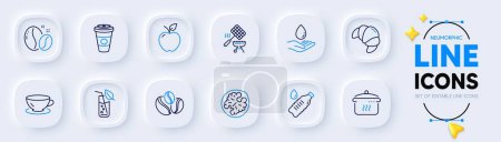 Illustration for Water bottle, Water care and Coffee-berry beans line icons for web app. Pack of Grill basket, Croissant, Boiling pan pictogram icons. Apple, Espresso, Coffee beans signs. Walnut. Vector - Royalty Free Image