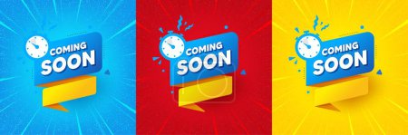 Illustration for Coming soon paper banner. Sunburst offer banner, flyer or poster. Timer announcement tag. New open time icon. Coming soon promo event banner. Starburst pop art coupon. Special deal. Vector - Royalty Free Image