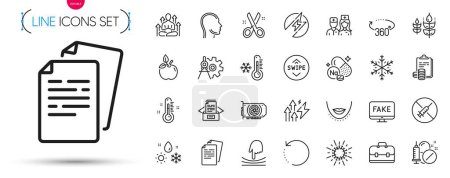Illustration for Pack of Electric energy, Swipe up and Portfolio line icons. Include 360 degrees, Fake news, Chin pictogram icons. Gluten free, No vaccine, Cut signs. Sodium mineral, Doctor, Documents box. Vector - Royalty Free Image