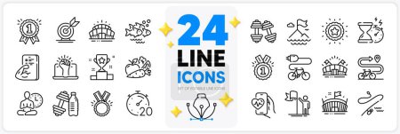 Illustration for Icons set of Bike path, Sports arena and Timer line icons pack for app with Yoga, Winner star, Empower thin outline icon. Dumbbells, Cardio training, Reward pictogram. Fishing rod. Vector - Royalty Free Image