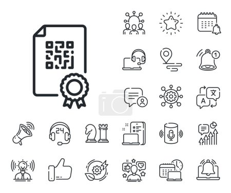 Illustration for Scan barcode sign. Place location, technology and smart speaker outline icons. Qr code line icon. Certificate document symbol. Qr code line sign. Influencer, brand ambassador icon. Vector - Royalty Free Image