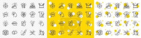 Illustration for Set of Design, Idea and Inspiration linear icons. Creativity brush line icons. Imagination, Idea box and Creative design. Brush with draw pencil, T shirt and Out of the box creativity. Vector - Royalty Free Image
