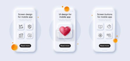 Illustration for Smile face, Juice and Yummy smile line icons pack. 3d phone mockups with heart. Glass smartphone screen. Timer, Networking, Charging station web icon. Spanner, Lock pictogram. Vector - Royalty Free Image