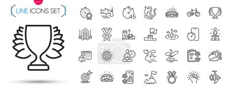 Illustration for Pack of Winner star, Fishing reel and Strong arm line icons. Include Fishing float, Worms, Fitness app pictogram icons. Timer, Winner, Bicycle signs. Boat, Timer app, Yoga. Success. Vector - Royalty Free Image
