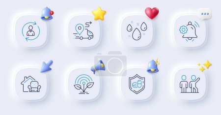Illustration for Rainy weather, Person info and Teamwork line icons. Buttons with 3d bell, chat speech, cursor. Pack of Incubator, Furniture moving, Delivery icon. Notification bell, Medical tablet pictogram. Vector - Royalty Free Image
