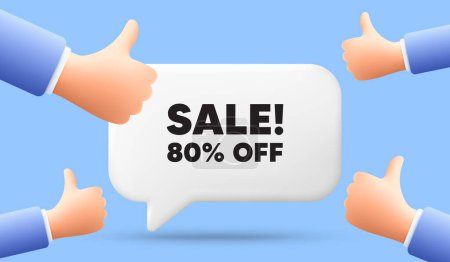 Illustration for Sale 80 percent off discount. 3d speech bubble banner with like hands. Promotion price offer sign. Retail badge symbol. Sale chat speech message. 3d offer talk box. Vector - Royalty Free Image