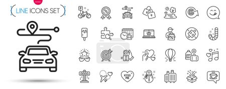 Illustration for Pack of Search puzzle, World globe and Lake line icons. Include Honeymoon travel, Journey, Delivery discount pictogram icons. Baggage, Love music, No puzzle signs. Kiss me, Hold heart, Locks. Vector - Royalty Free Image