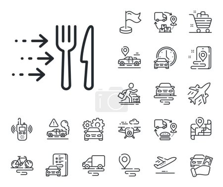 Illustration for Restaurant order sign. Plane, supply chain and place location outline icons. Food delivery line icon. Catering service symbol. Food delivery line sign. Taxi transport, rent a bike icon. Vector - Royalty Free Image