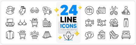 Illustration for Icons set of Pillow, Socks and Pillows line icons pack for app with Online shopping, Tv stand, Pants thin outline icon. Buyers, Shopping rating, Sale bags pictogram. Discounts offer. Vector - Royalty Free Image
