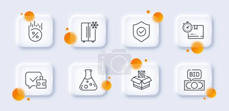 Illustration for Refrigerator, Chemistry lab and Loan percent line icons pack. 3d glass buttons with blurred circles. Bid offer, Cardboard box, Puzzle web icon. Security shield, Qr code pictogram. Vector - Royalty Free Image