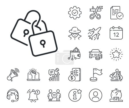 Illustration for Wedding padlock sign. Salaryman, gender equality and alert bell outline icons. Lock line icon. Security access symbol. Locks line sign. Spy or profile placeholder icon. Online support, strike. Vector - Royalty Free Image