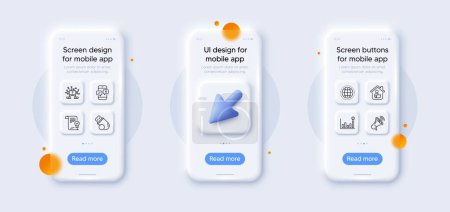Illustration for Phone survey, Globe and Efficacy line icons pack. 3d phone mockups with cursor. Glass smartphone screen. Work home, Teamwork question, Megaphone web icon. Vector - Royalty Free Image